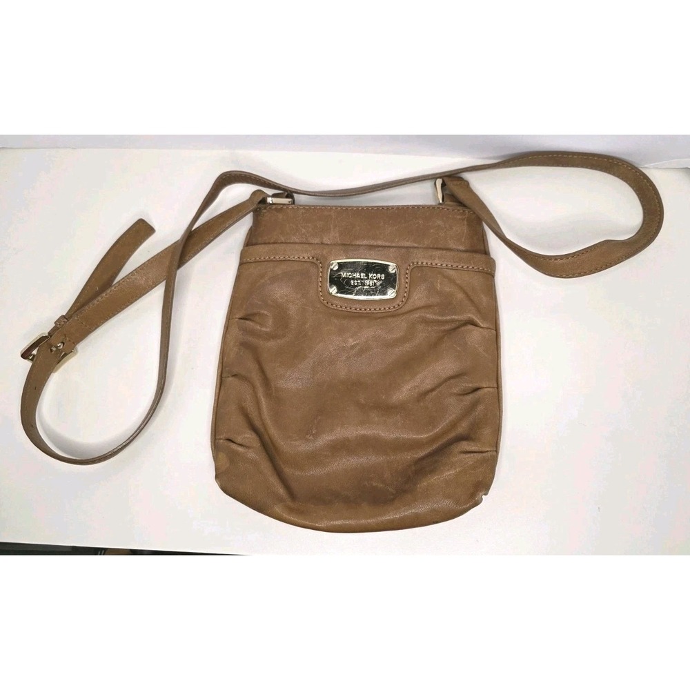 Michael Kors Brown Leather Pleated Crossbody Bag Gold Logo Messenger